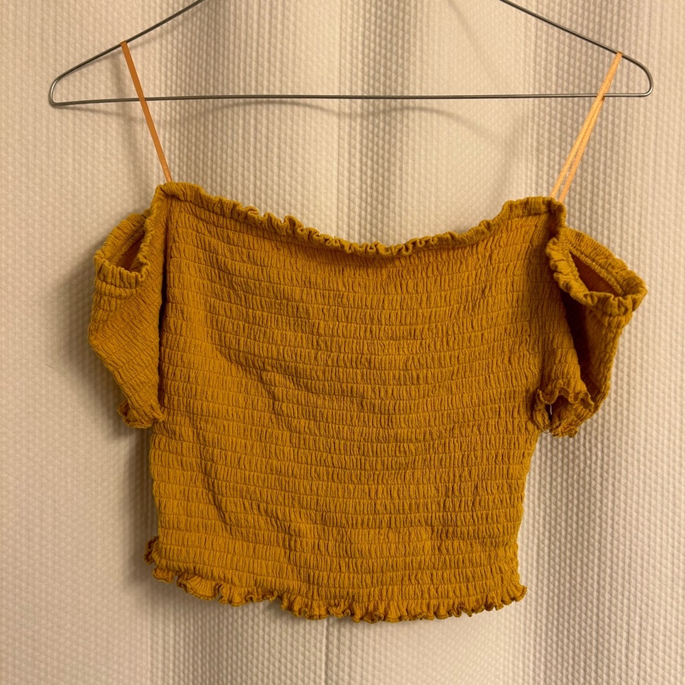 Love Tree Off Shoulder Yellow Smocked Crop Top